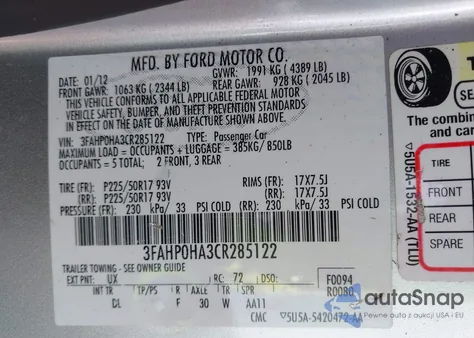2012 Ford Fusion Se from USA, damaged, VIN 3FAHP0HA3CR285122